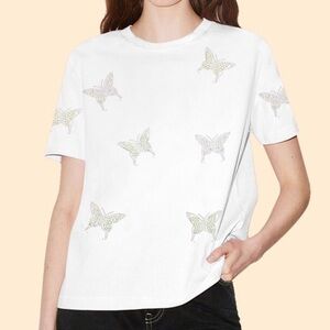 White Butterfly Print Short Sleeve Tee